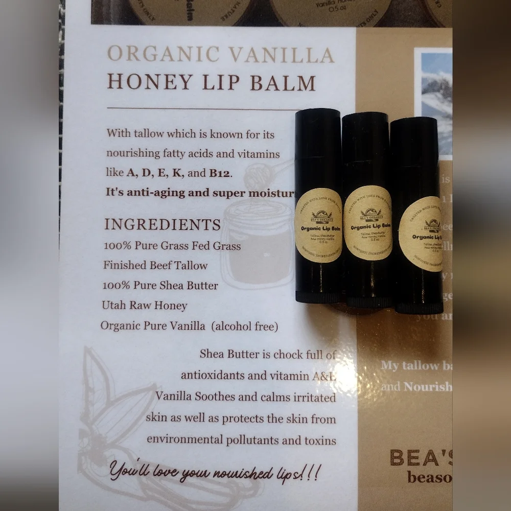 3-Pack Organic Tallow Lip Balm | Grass-Fed Beef Tallow, Raw Honey & Shea Butter